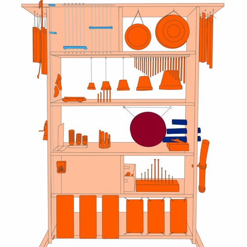 Die Illustration zeigt ein Klangregal. Dabei handelt es sich um ein offenes Regal, das von beiden Seiten zugänglich ist und unterschiedlichste Klangerzeuger enthält.